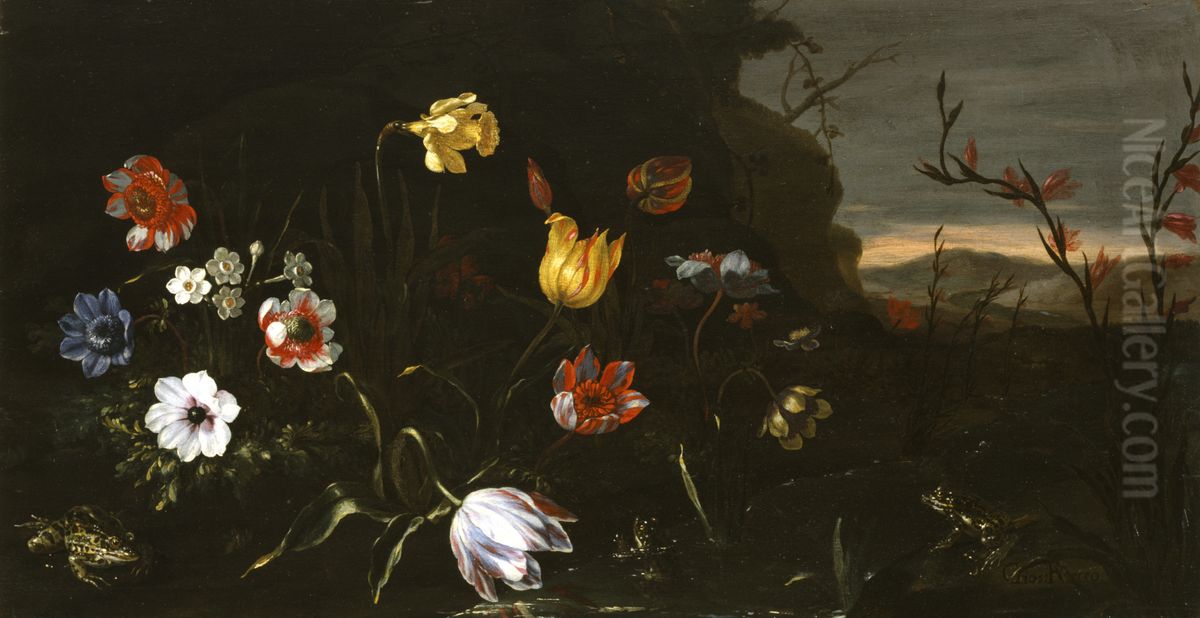 Flowers by a Pond with Frogs Oil Painting by Giuseppe Recco