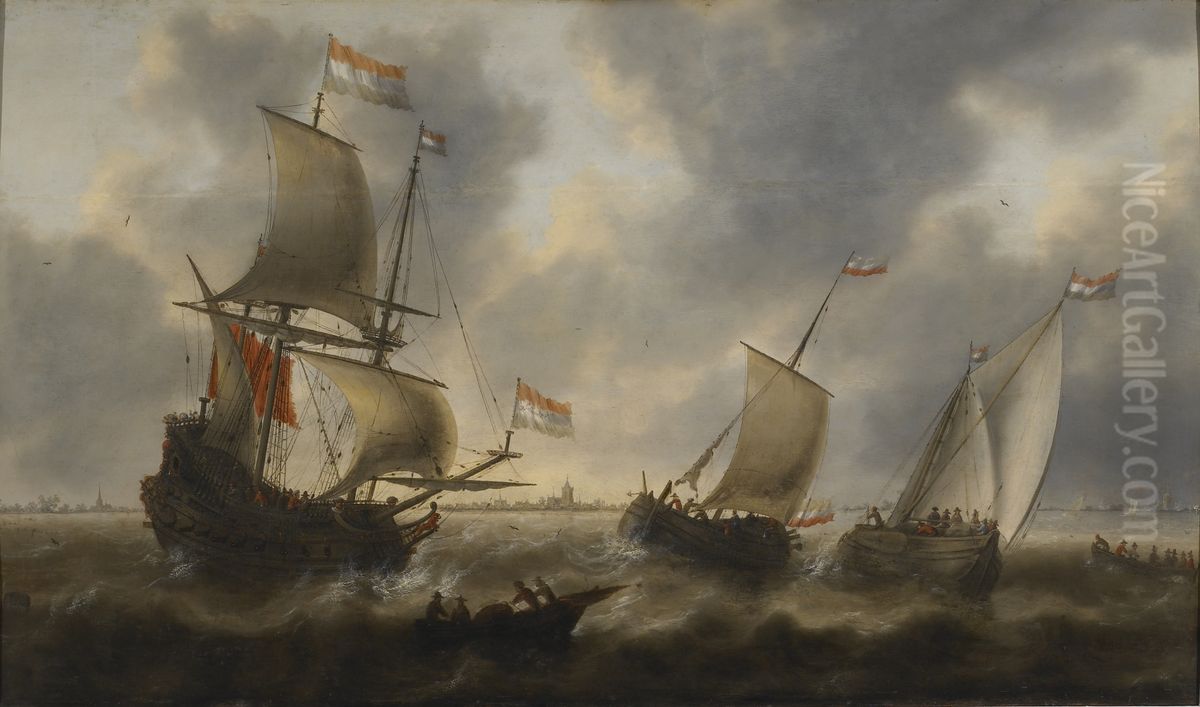Ships at Sea Oil Painting by Jacob Adriaensz Bellevois