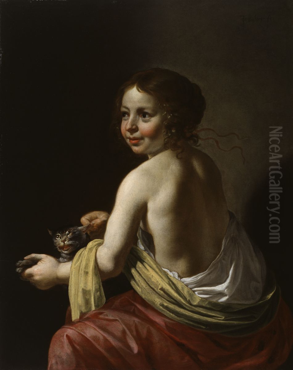 Girl Teasing a Cat Oil Painting by Jan Van Bijlert