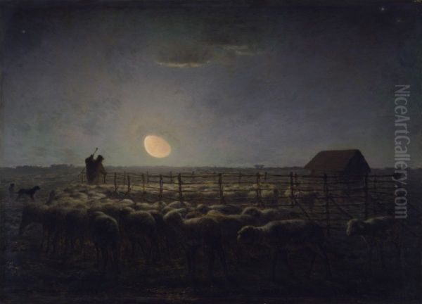 The Sheepfold, Moonlight Oil Painting by Jean-Francois Millet