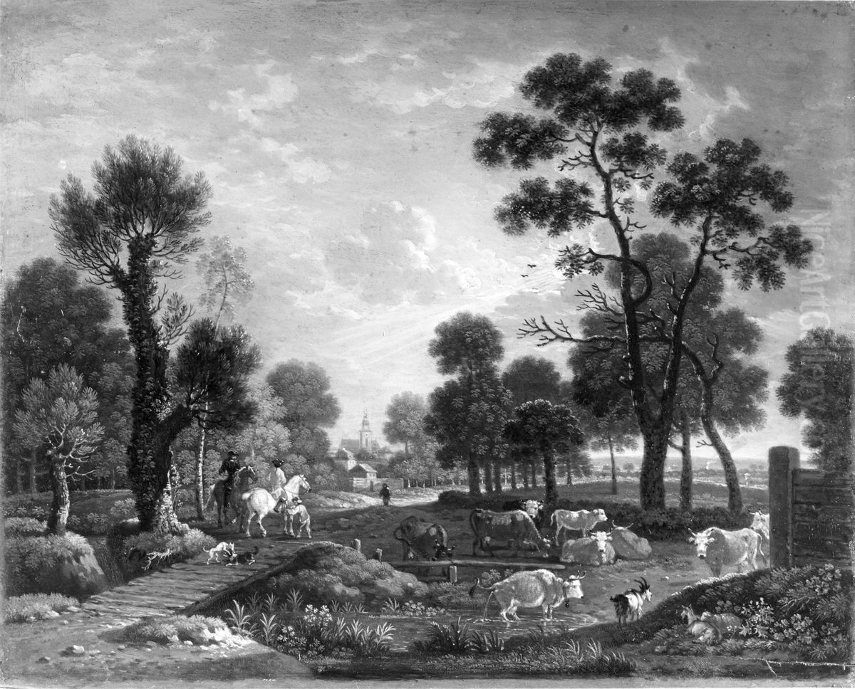 Landscape with Horsemen and Cattle Oil Painting by Johann Heinrich Roos
