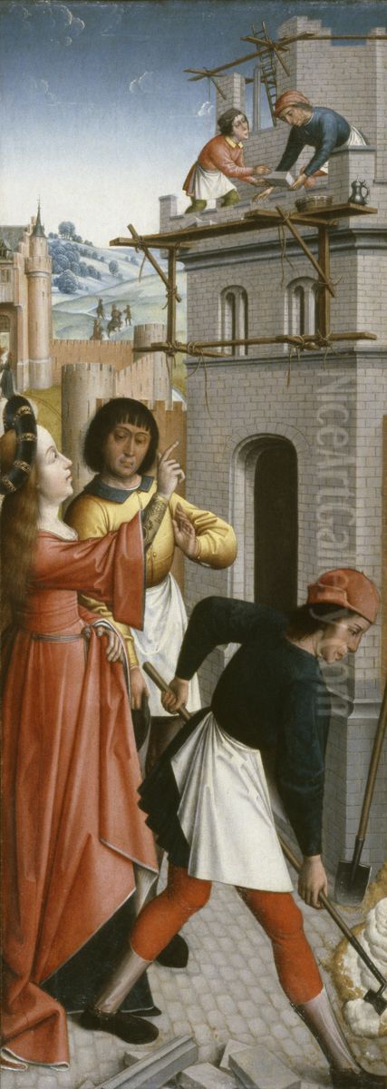 St. Barbara Directing the Construction of a Third Window in Her Tower Oil Painting by Master of Affligem