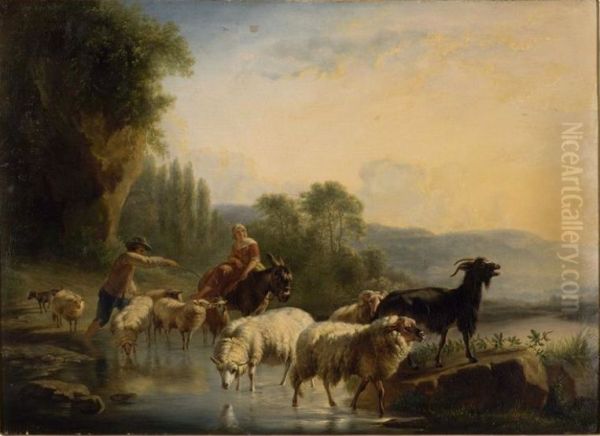 Sheep at the watering hole Oil Painting by Balthasar-Paul Ommeganck