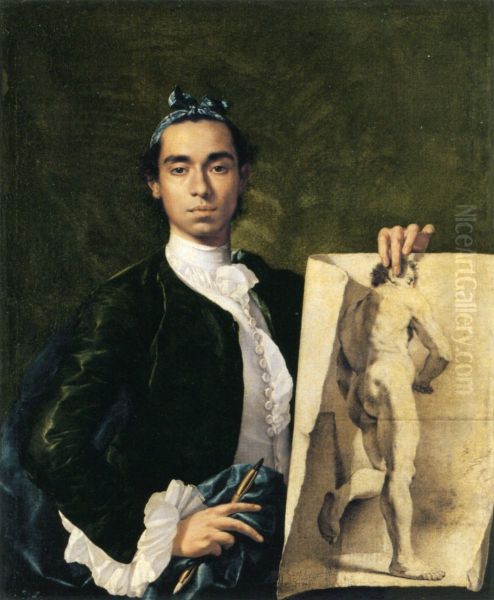 Self-portrait Holding an Academic Study Oil Painting by Luis Egidio Melendez