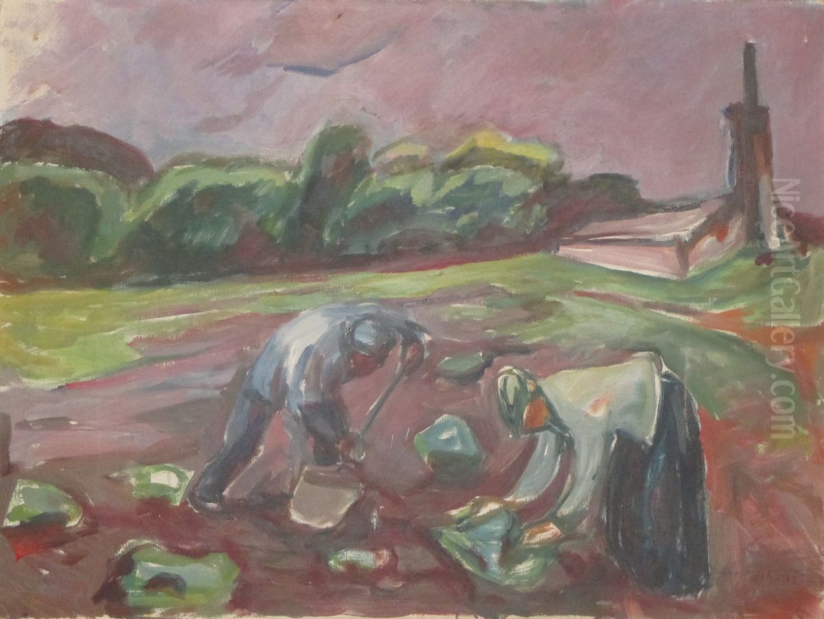 Markarbeid ved drivhuset Oil Painting by Edvard Munch