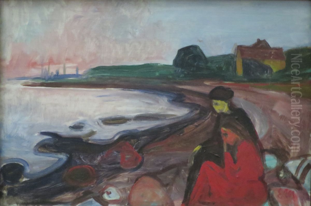 Beach with two Seated Women Oil Painting by Edvard Munch