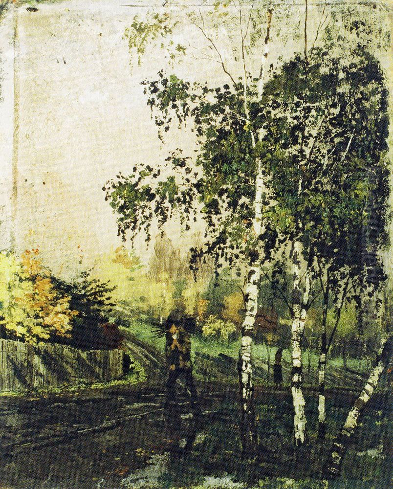 Birch Trees and Man Carrying Twigs Oil Painting by Edvard Munch