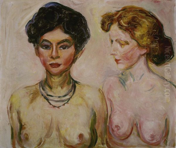 Blond and Dark-Haired Nude Oil Painting by Edvard Munch