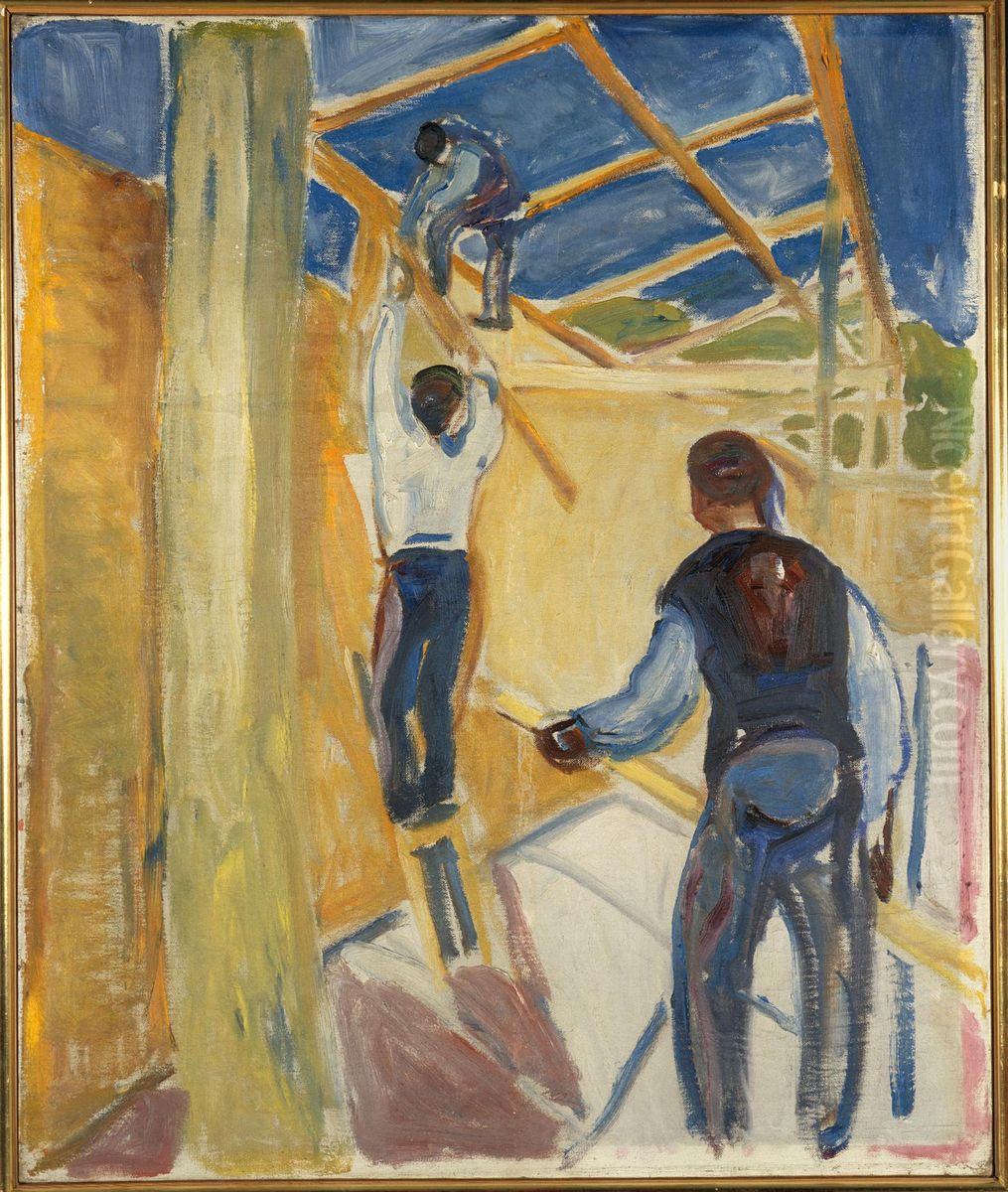 Building Workers in the Studio Oil Painting by Edvard Munch