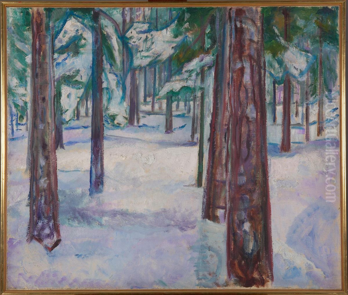 Forest in Snow Oil Painting by Edvard Munch