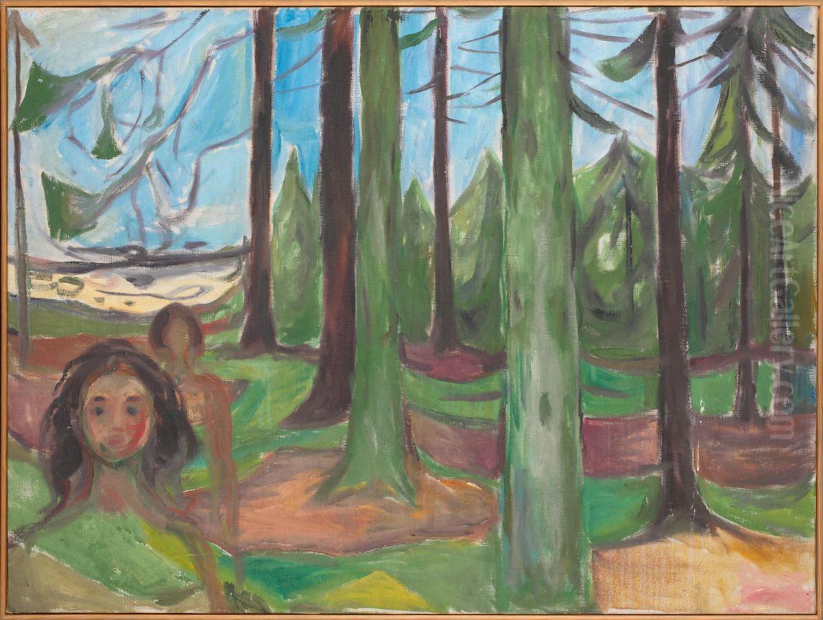 Forest with Two Figures Oil Painting by Edvard Munch