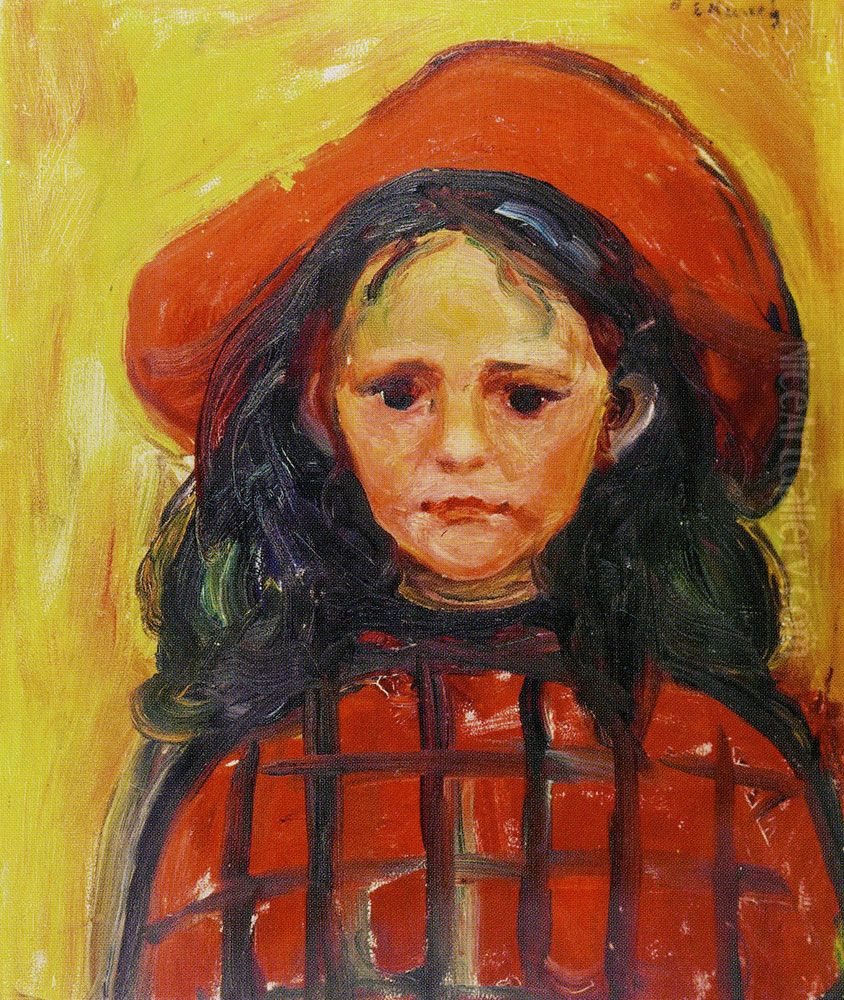 Madchen mit rotkariertem Kleid und rotem Hut Oil Painting by Edvard Munch