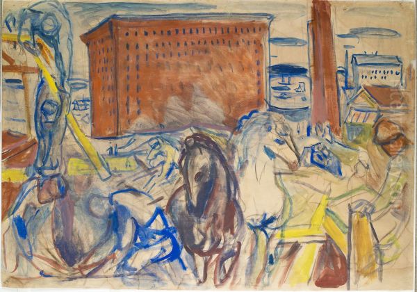 Horse Team on a Building Site Oil Painting by Edvard Munch