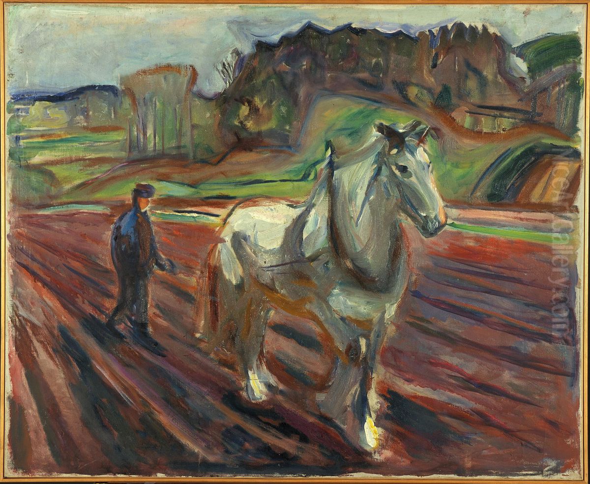 Man Ploughing with a White Horse Oil Painting by Edvard Munch