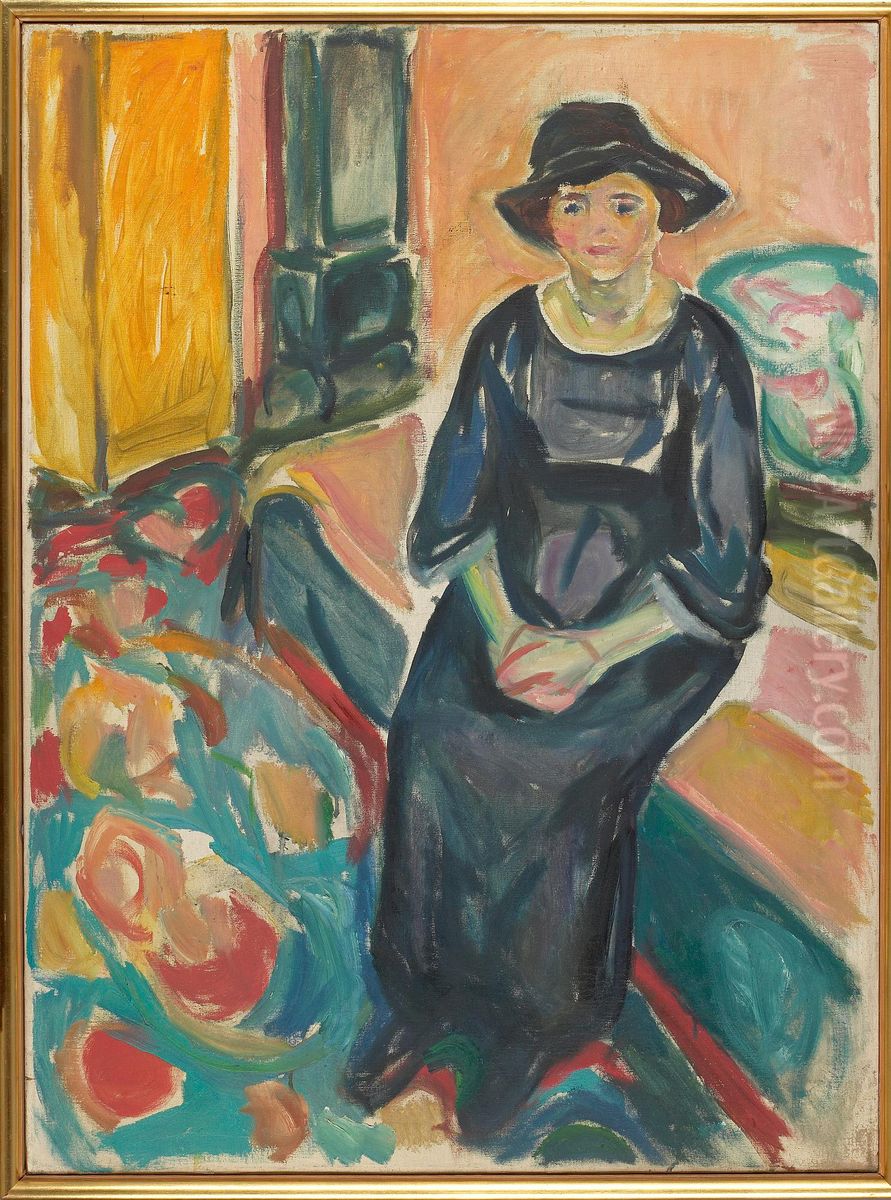 Model with Hat, Seated on the Couch Oil Painting by Edvard Munch