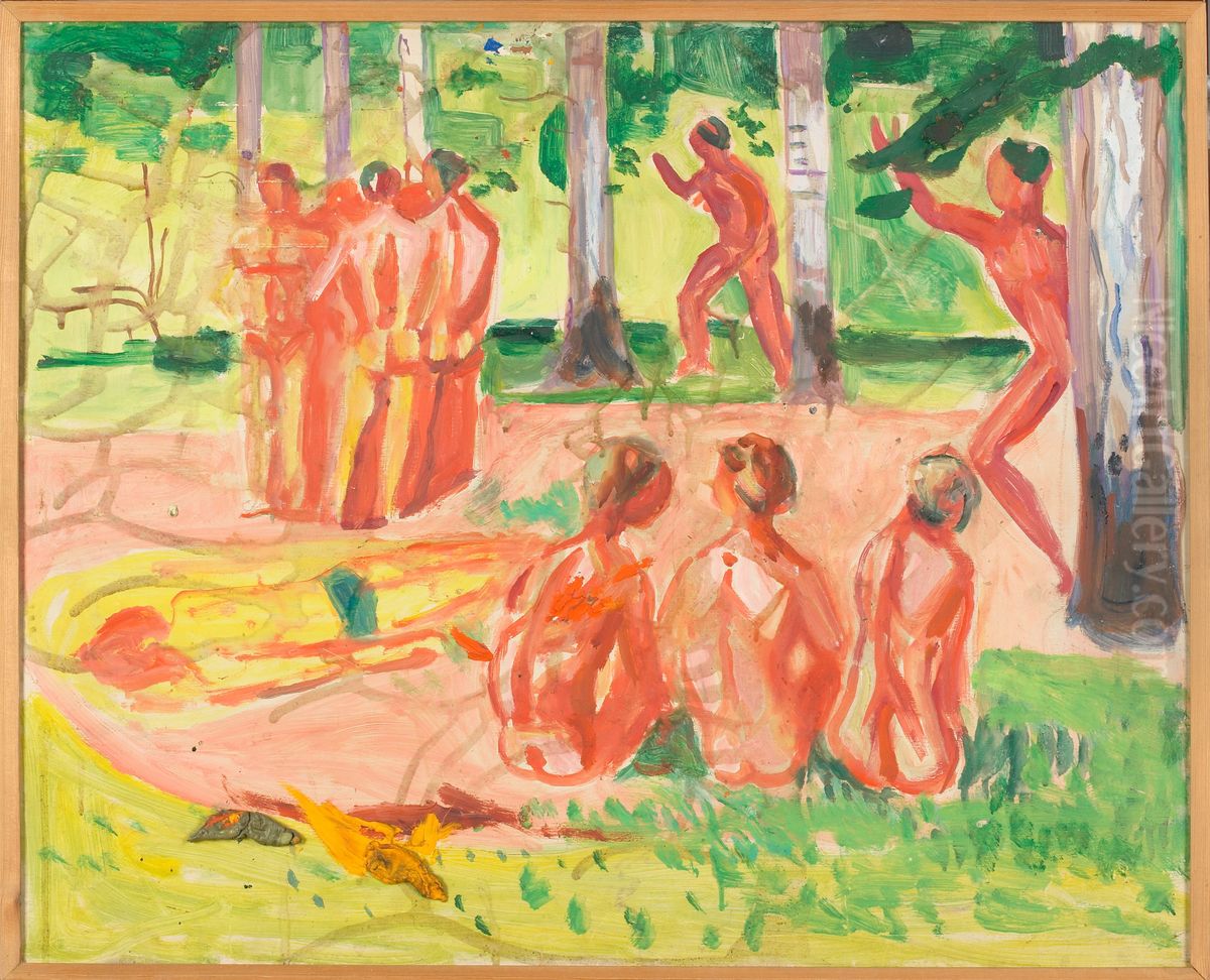 Naked Men in Birch Forest Oil Painting by Edvard Munch