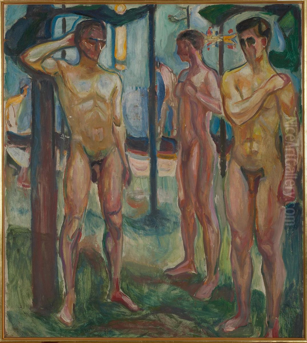 Naked Men in Landscape Oil Painting by Edvard Munch
