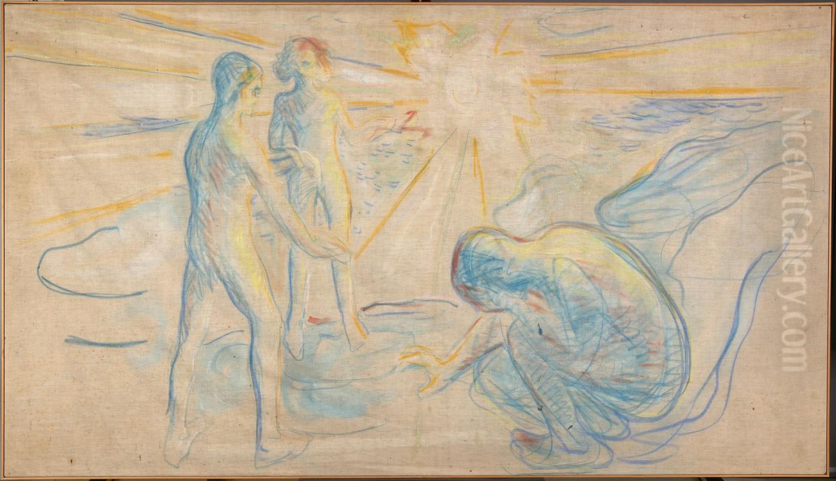 People in Sunshine Oil Painting by Edvard Munch