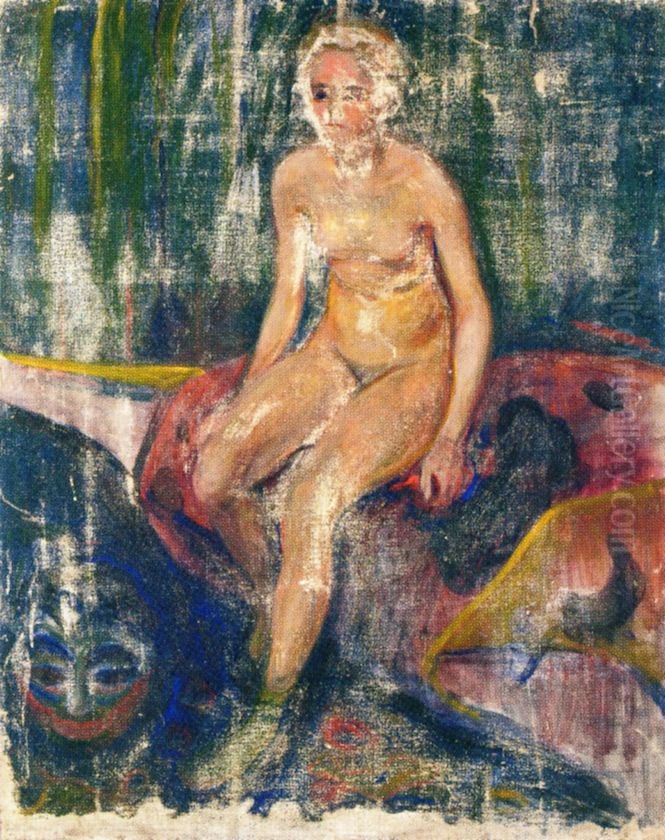 Seated Nude and Grotesque Masque Oil Painting by Edvard Munch