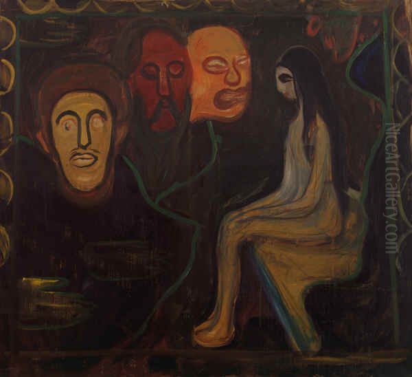 Madchen und drei Mannerkopfe Oil Painting by Edvard Munch