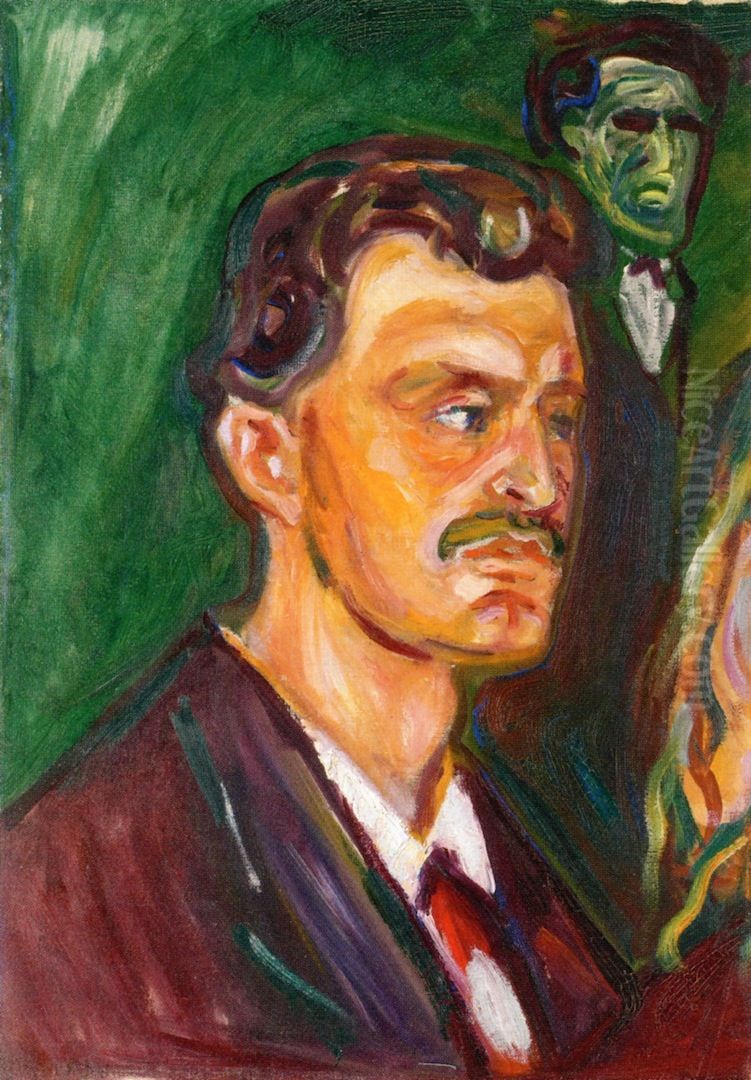Self-Portrait against a Green Background Oil Painting by Edvard Munch