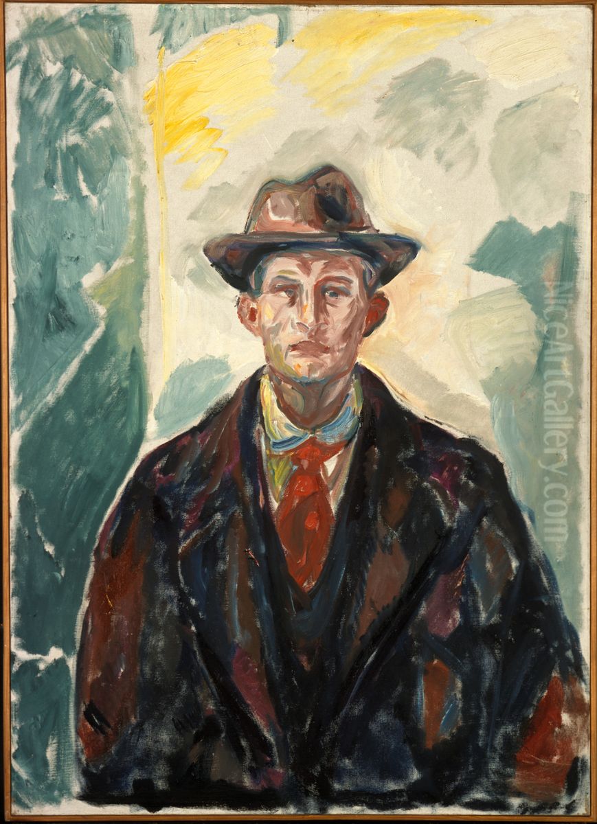 Self-Portrait with Hat and Red Tie Oil Painting by Edvard Munch
