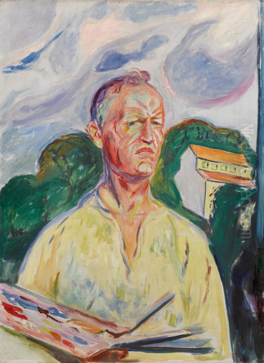 Selbstbildnis mit Palette Oil Painting by Edvard Munch
