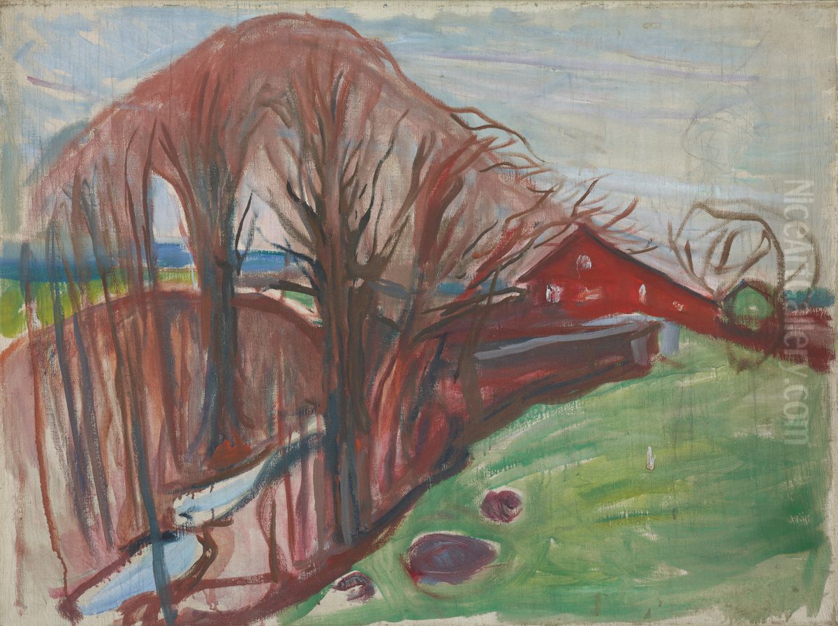 Spring Landscape with Red House Oil Painting by Edvard Munch