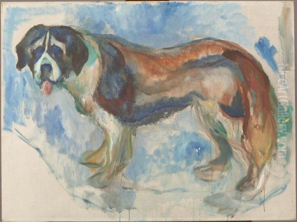 St. Bernard Dog in Snow Oil Painting by Edvard Munch