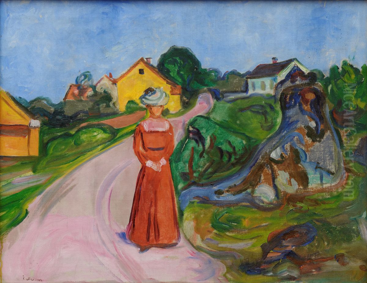 Woman in Red Dress (Street in Asgardstrand) Oil Painting by Edvard Munch