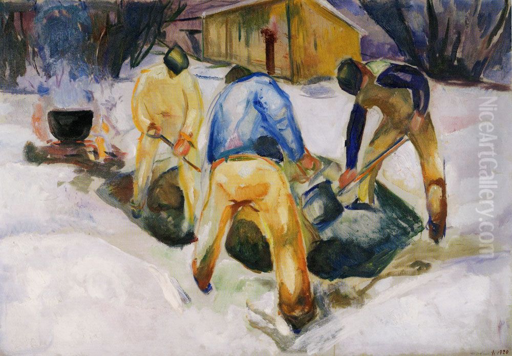 Street Workers in Snow Oil Painting by Edvard Munch