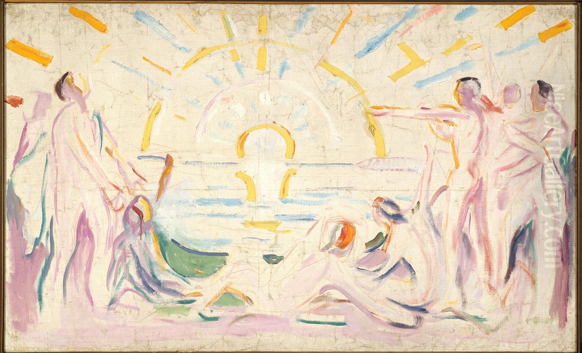 The Sun and Awakening Nude Men Oil Painting by Edvard Munch