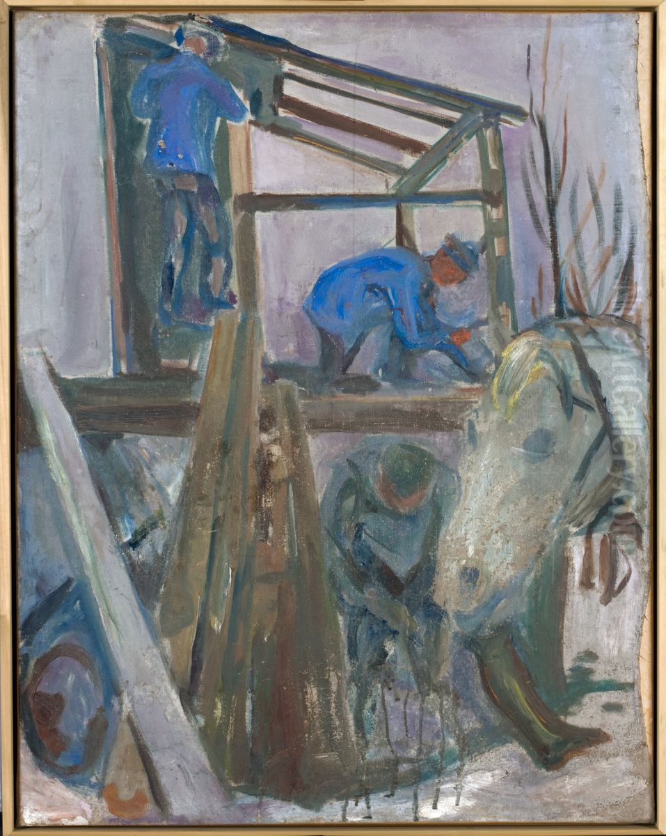 Timbermen at Work on the Studio Building Oil Painting by Edvard Munch