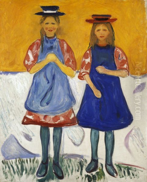 To sma piger med bla forklaeder Oil Painting by Edvard Munch