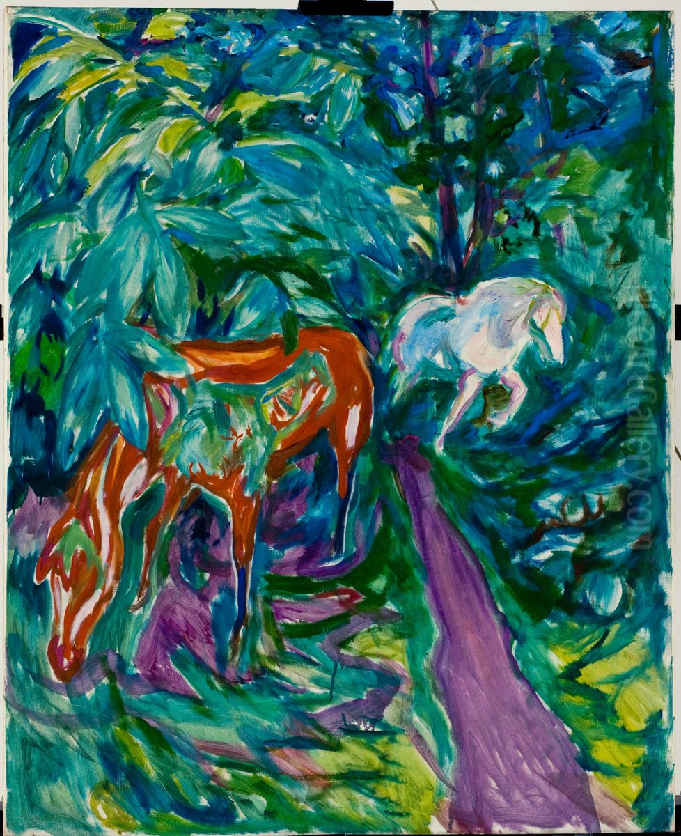 Two Horses in the Forest Oil Painting by Edvard Munch