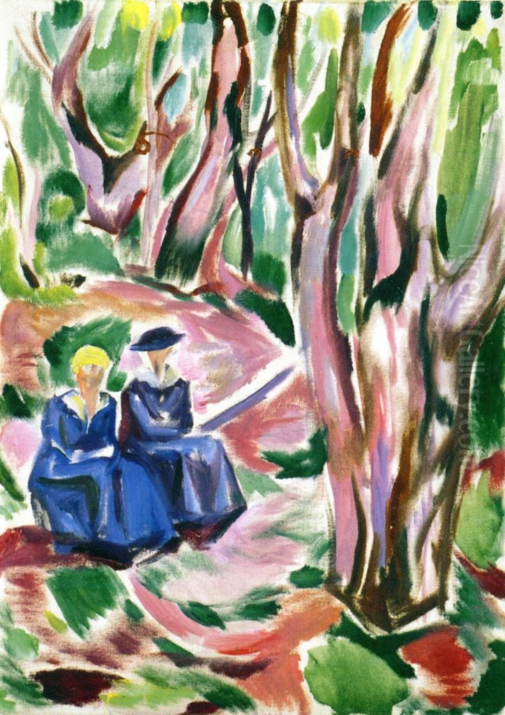 To kvinner i skogen pa Ekely Oil Painting by Edvard Munch