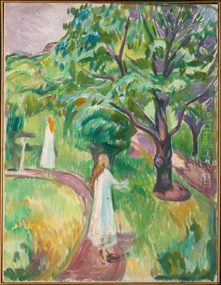 Two Women in White Dresses in the Garden Oil Painting by Edvard Munch