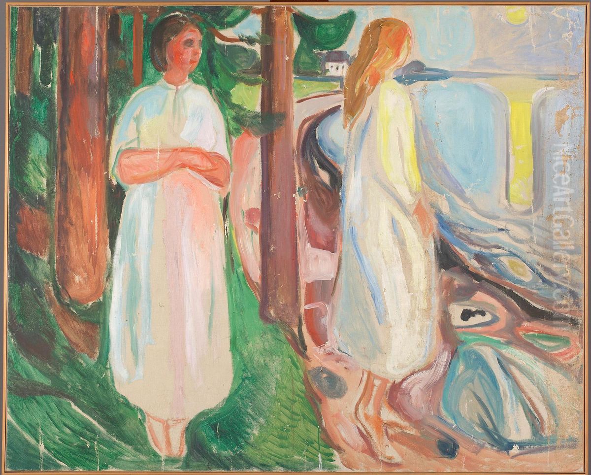 Two Women in White on the Beach Oil Painting by Edvard Munch