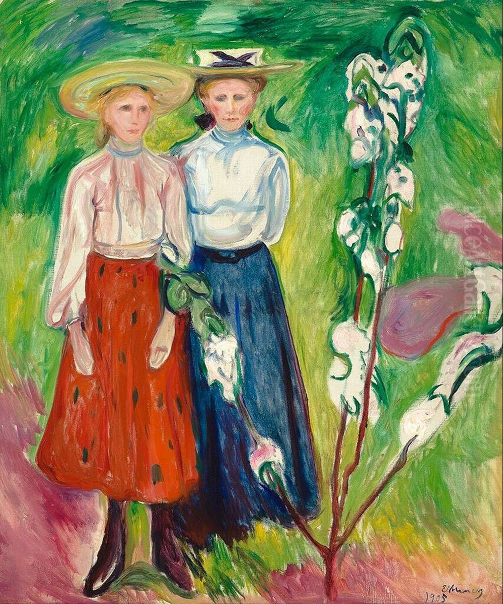Twee meisjes bij een appelboom Oil Painting by Edvard Munch