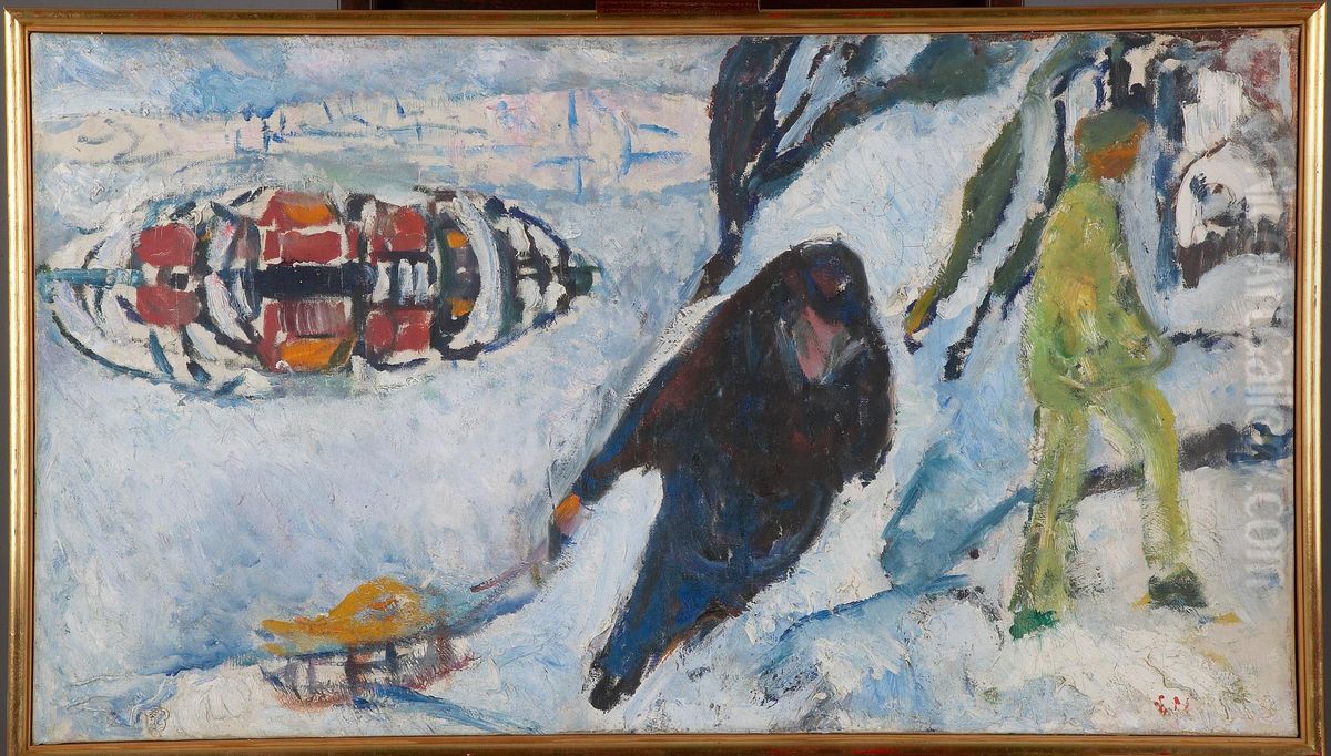 Uphill with a Sledge Oil Painting by Edvard Munch