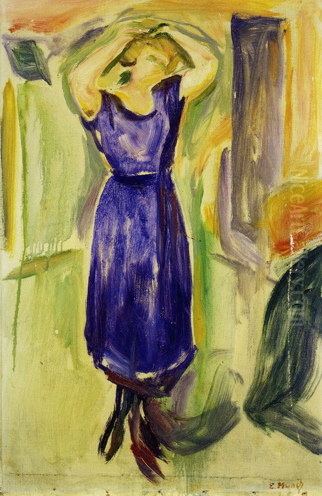 Woman in a Blue Dress with her Arms over her Head Oil Painting by Edvard Munch