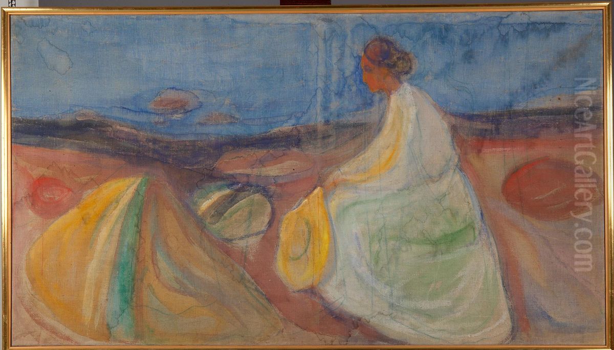 Woman in White Sitting on the Beach Oil Painting by Edvard Munch