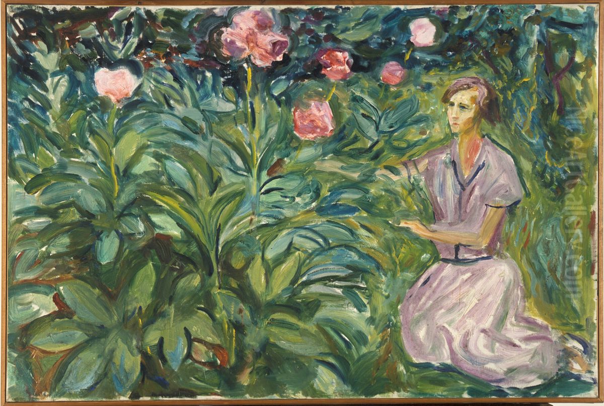 Woman with Peonies Oil Painting by Edvard Munch