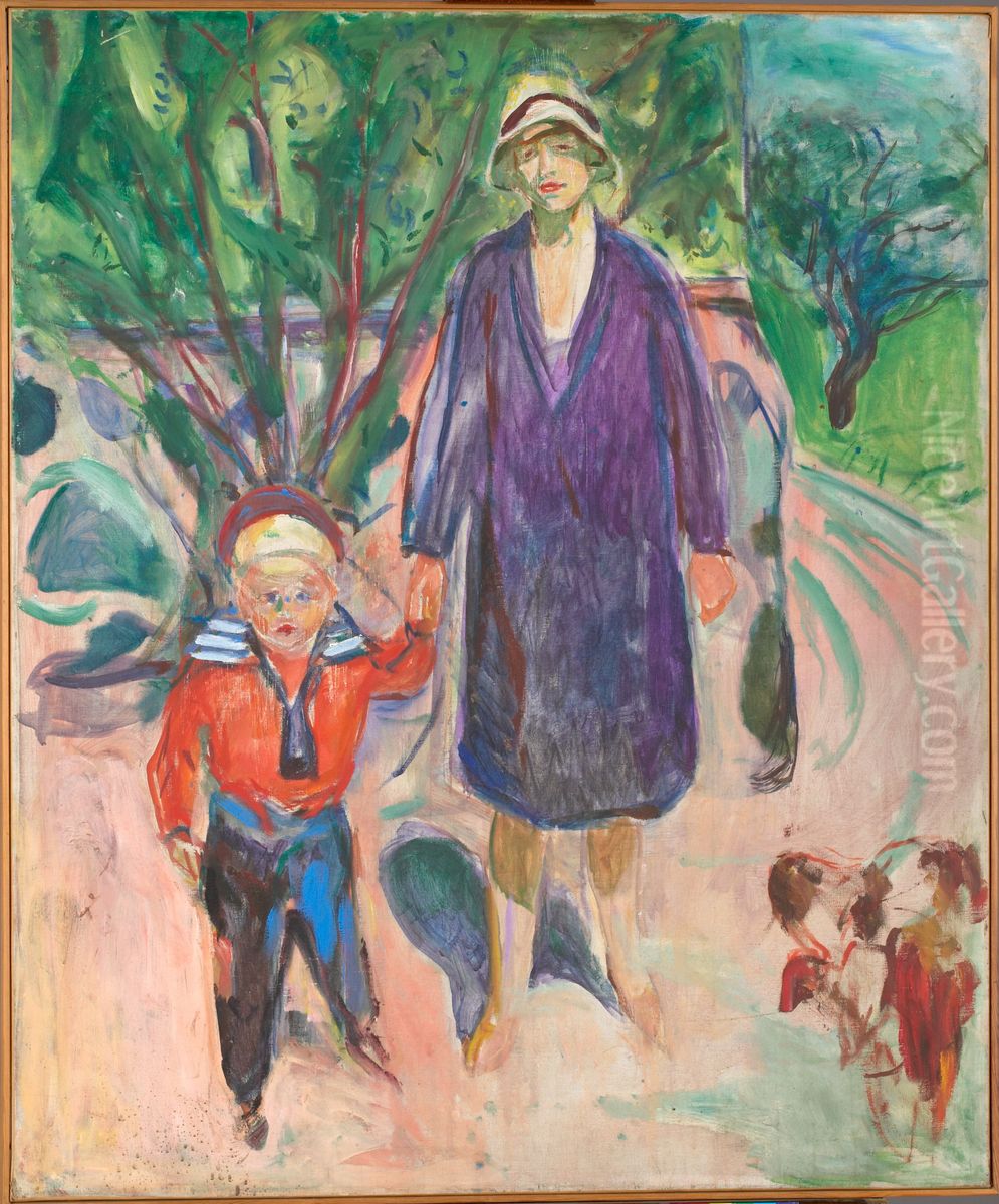 Woman with Small Boy Oil Painting by Edvard Munch