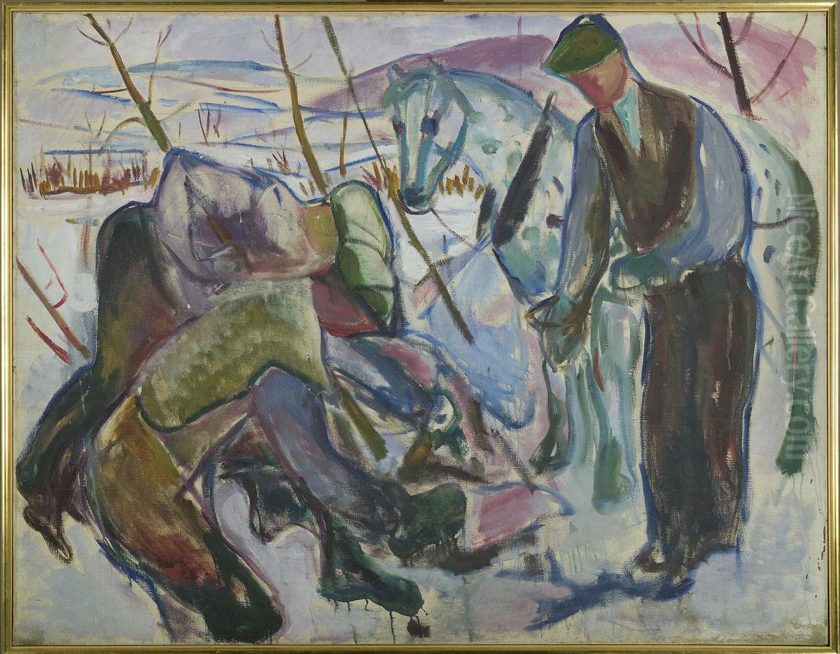 Workers and Horse Oil Painting by Edvard Munch