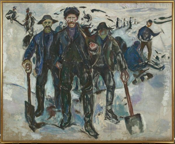 Workers in Snow Oil Painting by Edvard Munch