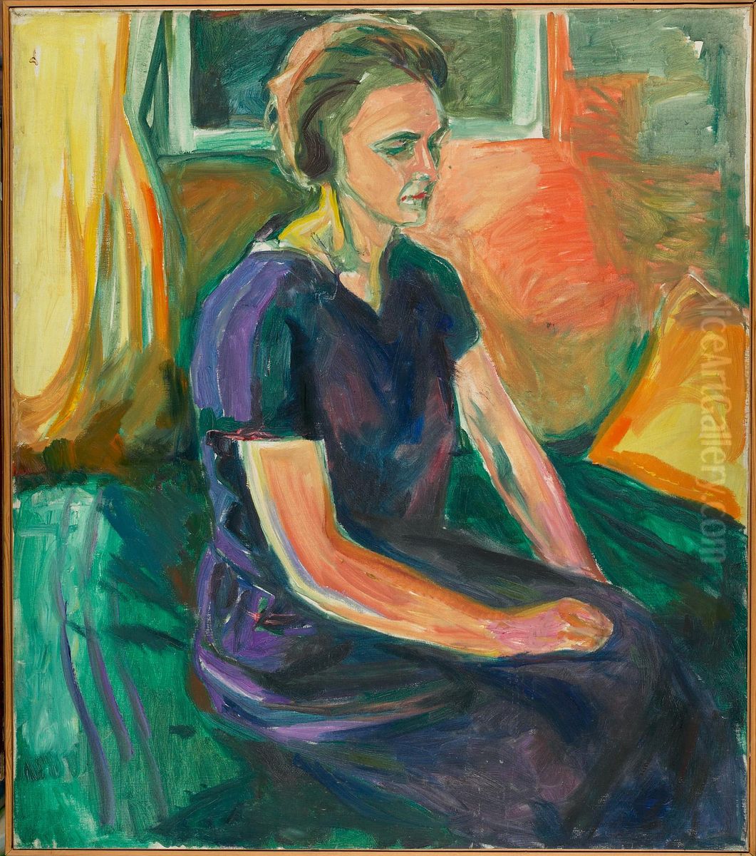 Young Woman in a Blue Dress, Seated Oil Painting by Edvard Munch