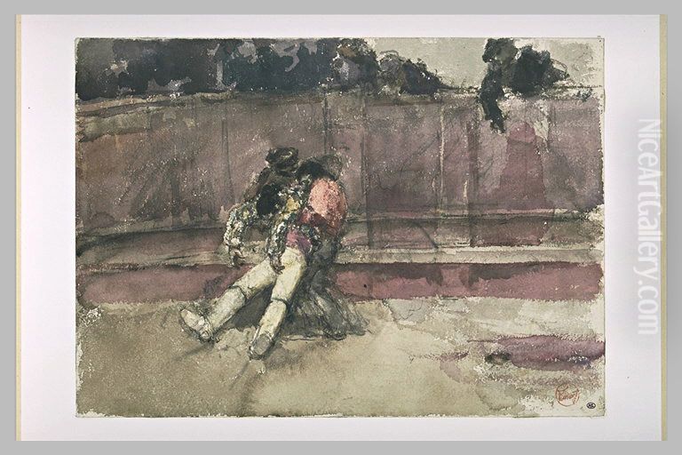 Le Picador blesse, soutenu par deux hommes Oil Painting by Maria Fortuny Marsal