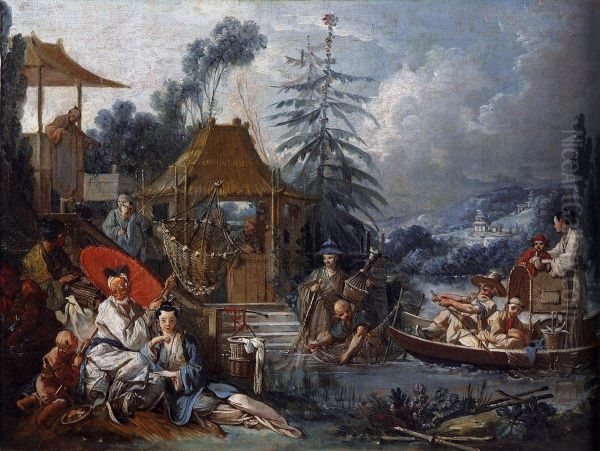 Chinese Fishing Oil Painting by Francois Boucher