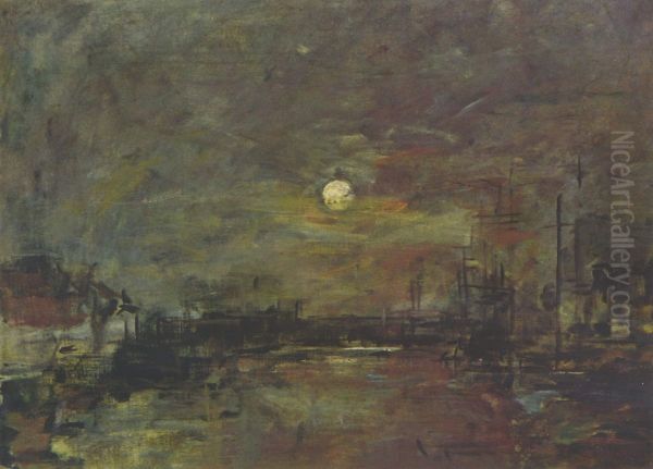 Abenddammerung uber dem Hafen von Le Havre Oil Painting by Eugene Louis Boudin